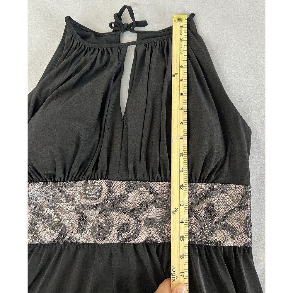 R&M Richards Formal Dress Black Sequined Waist Peephole Slit Sz 16 Prom - Picture 11 of 16